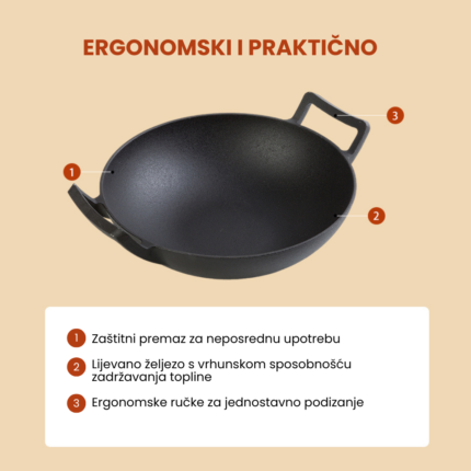 Wok tava od lijevanog željeza - opis 2